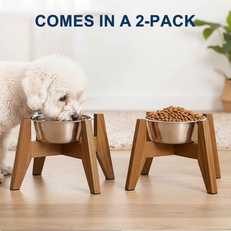 RAINBLELAND Elevated Dog Bowl Stand for Small Dogs, 7" Tall Raised Dog Bowl Stand Fits Up to 7" Bowls, Solid Acacia Wood Dog Bowl Holder, Set of 2 Wooden Dog Feeding Stands (Stand Only) - Image 2