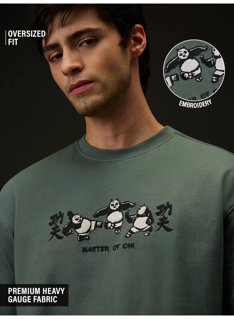 The Souled Store The Souled Store Men Kung Fu Panda Green Embroidered Oversized T-Shirts