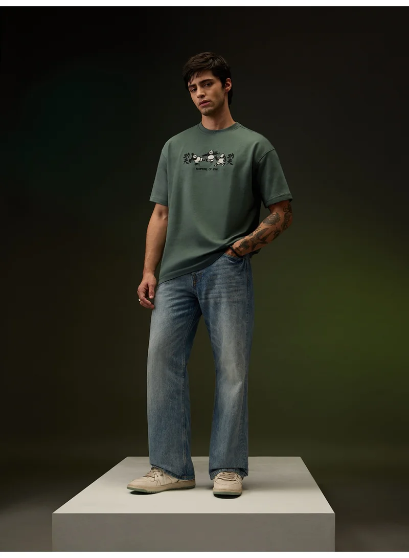 The Souled Store The Souled Store Men Kung Fu Panda Green Embroidered Oversized T-Shirts