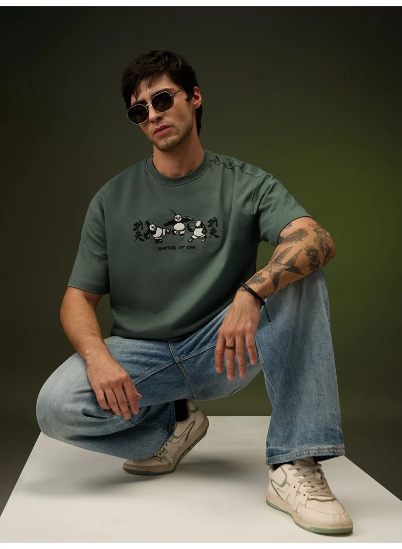 The Souled Store  The Souled Store Men Kung Fu Panda Green Embroidered Oversized T-Shirts for Men | Best Price UAE