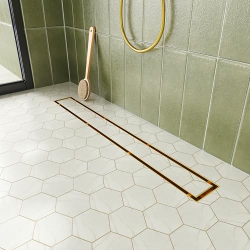 Neodrain 24Inch Gold Linear Shower Drain with Tile Insert Cover Golden 304 Stainless Steel Rectangle Shower Floor Drain Linear Drain with Leveling Feet Hair Strainer CUPC Certified - Image 1