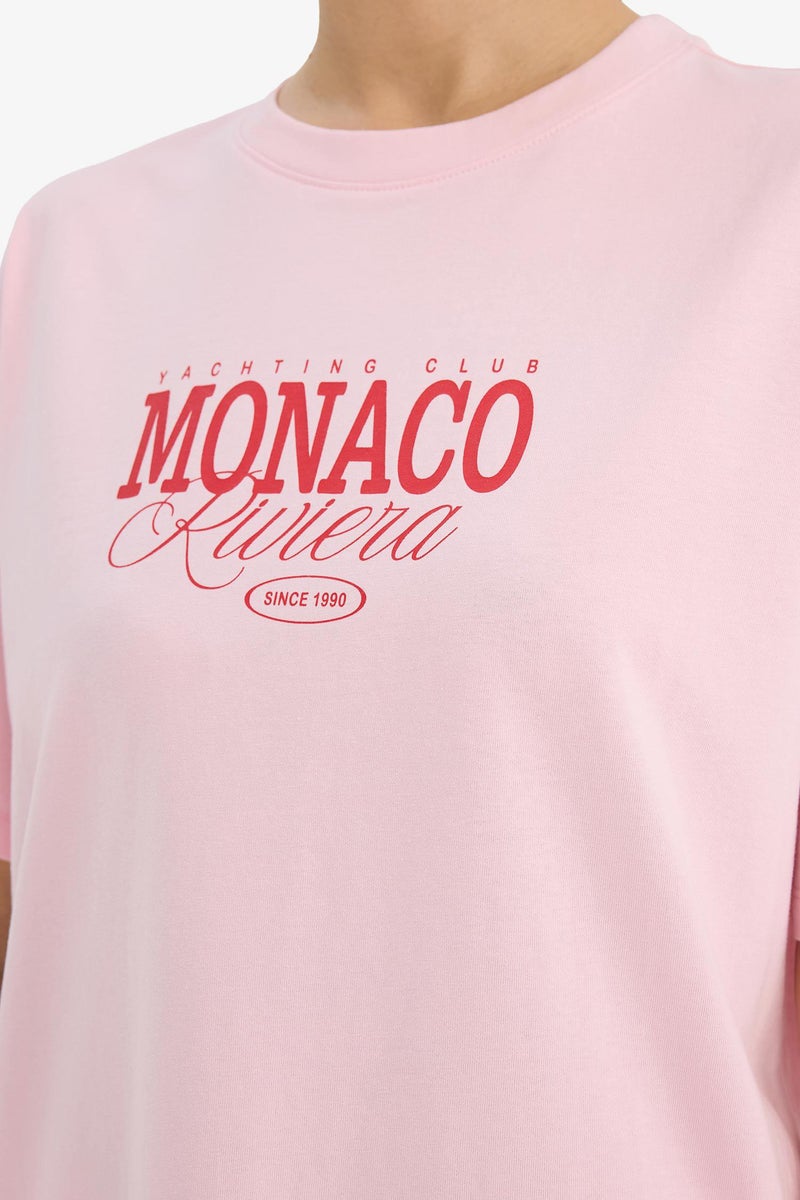 DeFacto Pink Woman Crew Neck Printed Oversize T-Shirt Casual - Image 4