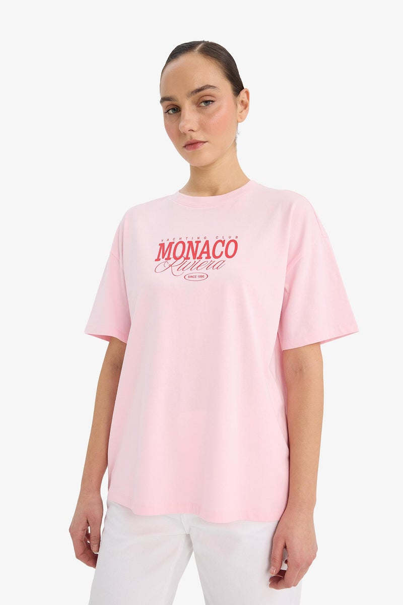 DeFacto Pink Woman Crew Neck Printed Oversize T-Shirt Casual - Image 3