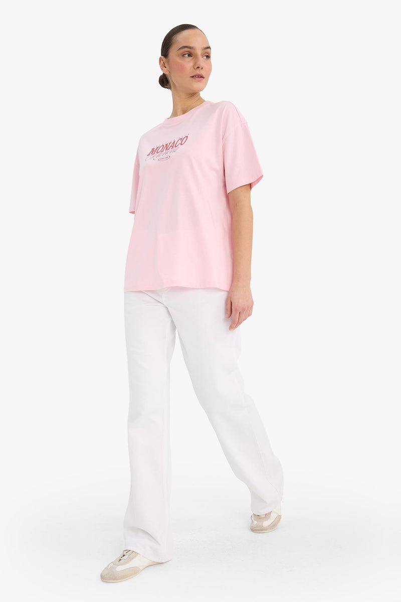 DeFacto Pink Woman Crew Neck Printed Oversize T-Shirt Casual - Image 2