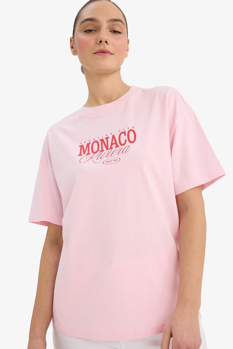 DeFacto Pink Woman Crew Neck Printed Oversize T-Shirt Casual - Image 1