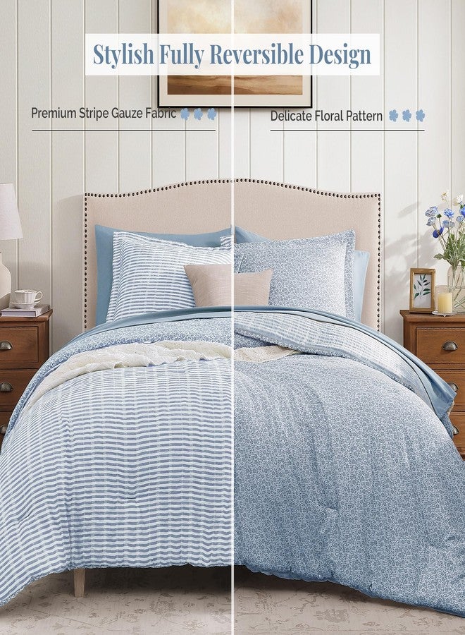 BLOOMHAVEN Queen Comforter Set - 7 Pieces Blue Gauze Muslin Bedding Sets for All Seasonss, Lightweight Breathable Bed in a Bag Queen with Revesible Farmhouse Comforter, Sheets, Pillowcases & Shams - Image 2