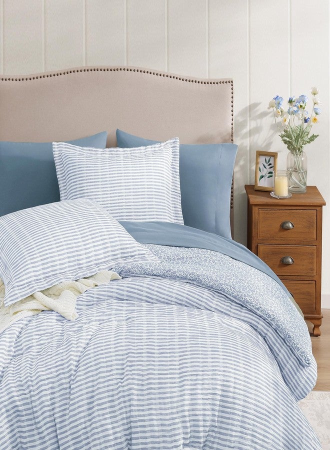 BLOOMHAVEN Queen Comforter Set - 7 Pieces Blue Gauze Muslin Bedding Sets for All Seasonss, Lightweight Breathable Bed in a Bag Queen with Revesible Farmhouse Comforter, Sheets, Pillowcases & Shams - Image 3