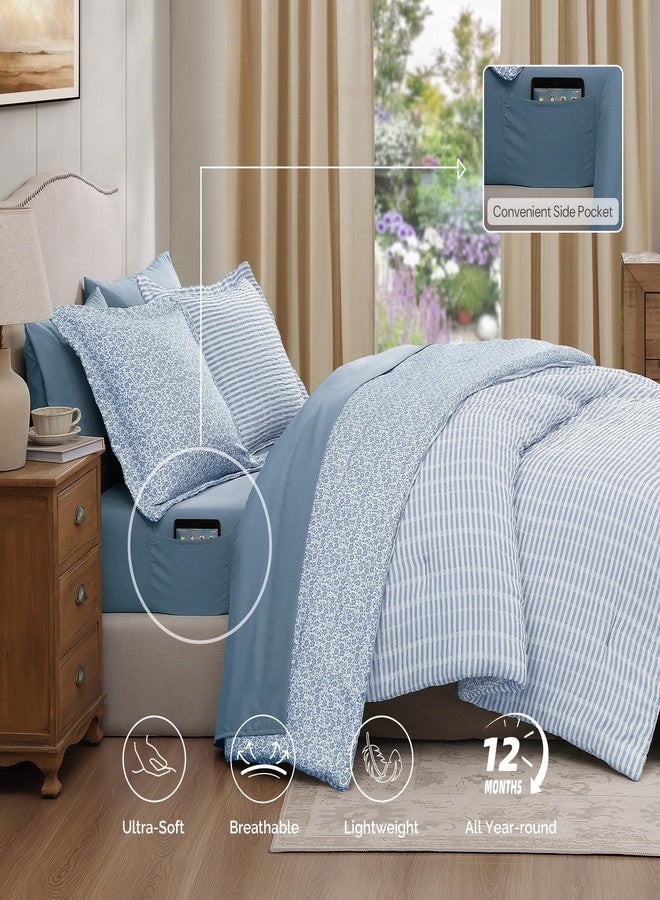 BLOOMHAVEN Queen Comforter Set - 7 Pieces Blue Gauze Muslin Bedding Sets for All Seasonss, Lightweight Breathable Bed in a Bag Queen with Revesible Farmhouse Comforter, Sheets, Pillowcases & Shams - Image 5