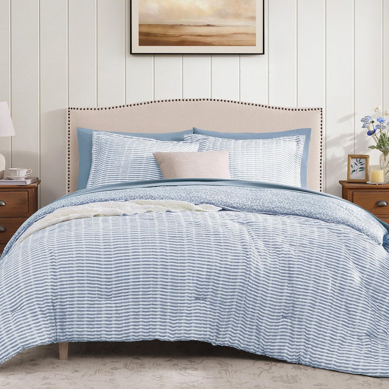 BLOOMHAVEN Queen Comforter Set - 7 Pieces Blue Gauze Muslin Bedding Sets for All Seasonss, Lightweight Breathable Bed in a Bag Queen with Revesible Farmhouse Comforter, Sheets, Pillowcases & Shams - Image 1