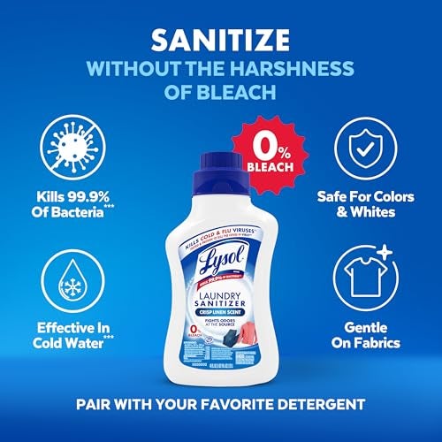 Lysol معقم الغسيل من لايسول ومعزز العطر، مضاف منظف الغسيل، بديل آمن للألوان من مبيض، مزيل روائح الغسيل، يقتل البكتيريا والفيروسات، رائحة الكتان المنعشة، 41 أونصة سائلة - Image 5
