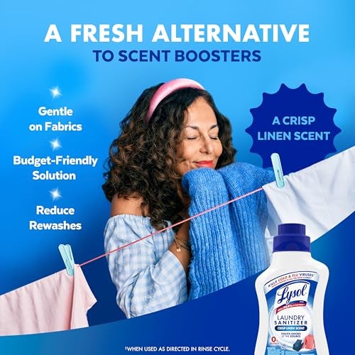 Lysol معقم الغسيل من لايسول ومعزز العطر، مضاف منظف الغسيل، بديل آمن للألوان من مبيض، مزيل روائح الغسيل، يقتل البكتيريا والفيروسات، رائحة الكتان المنعشة، 41 أونصة سائلة - Image 4