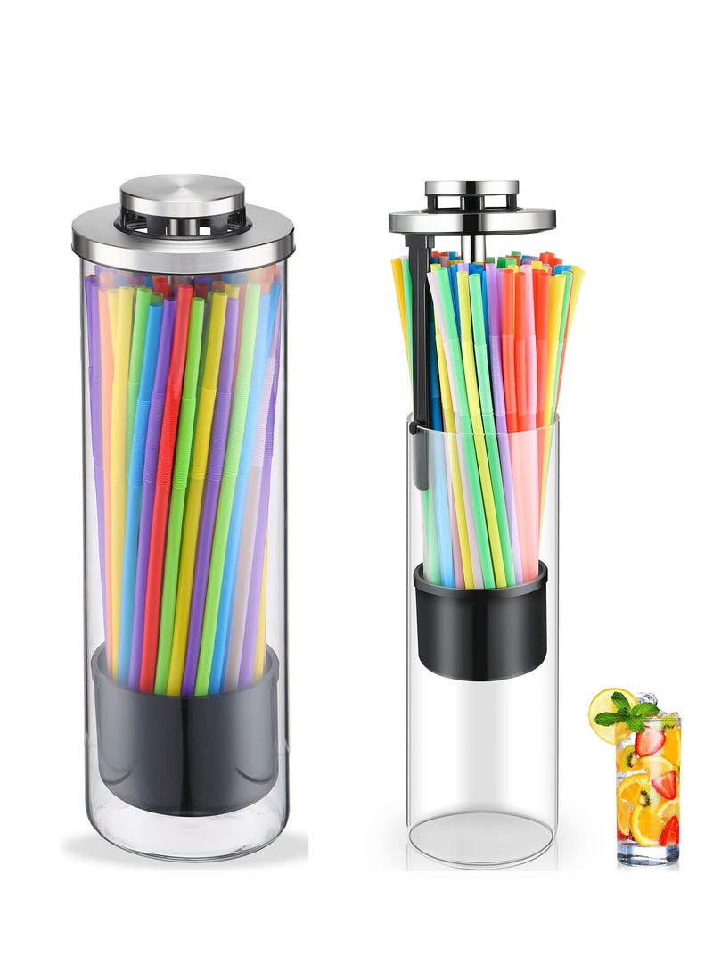 KASTWAVE 1Pc Glass Straw Dispenser & 100 Colorful Striped Plastic Straws with Stainless Steel Lid - Transparent, Multi-Use Holder for Drinking Straws, Stir Sticks, & More - Perfect for Home & Commercial Use - Image 1