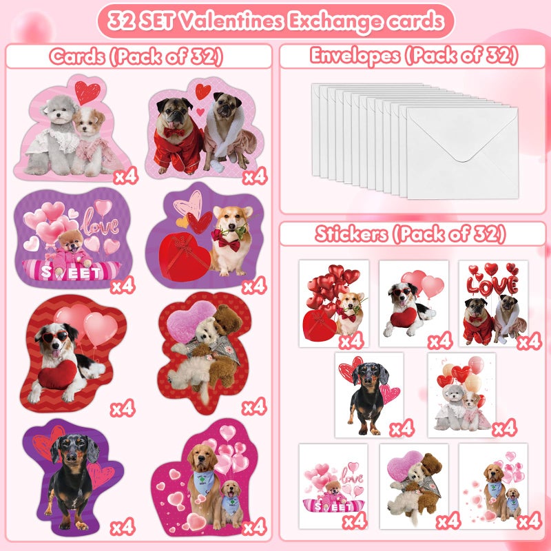 Mczan 32 Pack Valentines Card for Kids Classroom, Pet Dogs Valentines Cards with Tattoos Envelopes, Happy Valentine Cards for Kids School, Party Exchange Favors Gifts for Boys Girls - Image 3