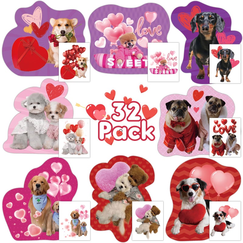 Mczan 32 Pack Valentines Card for Kids Classroom, Pet Dogs Valentines Cards with Tattoos Envelopes, Happy Valentine Cards for Kids School, Party Exchange Favors Gifts for Boys Girls - Image 1