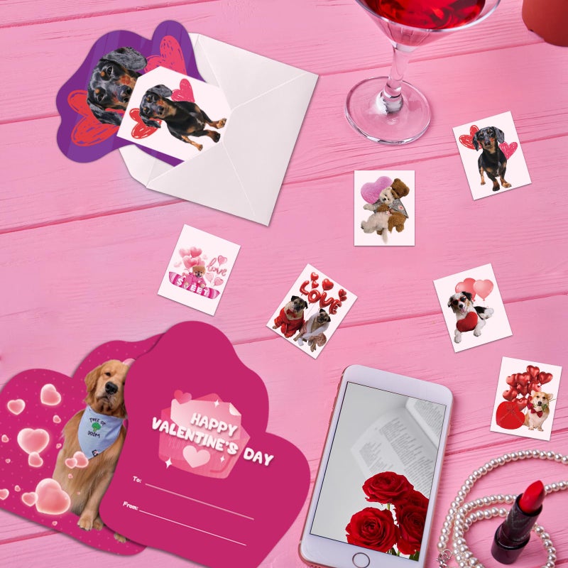 Mczan 32 Pack Valentines Card for Kids Classroom, Pet Dogs Valentines Cards with Tattoos Envelopes, Happy Valentine Cards for Kids School, Party Exchange Favors Gifts for Boys Girls - Image 4