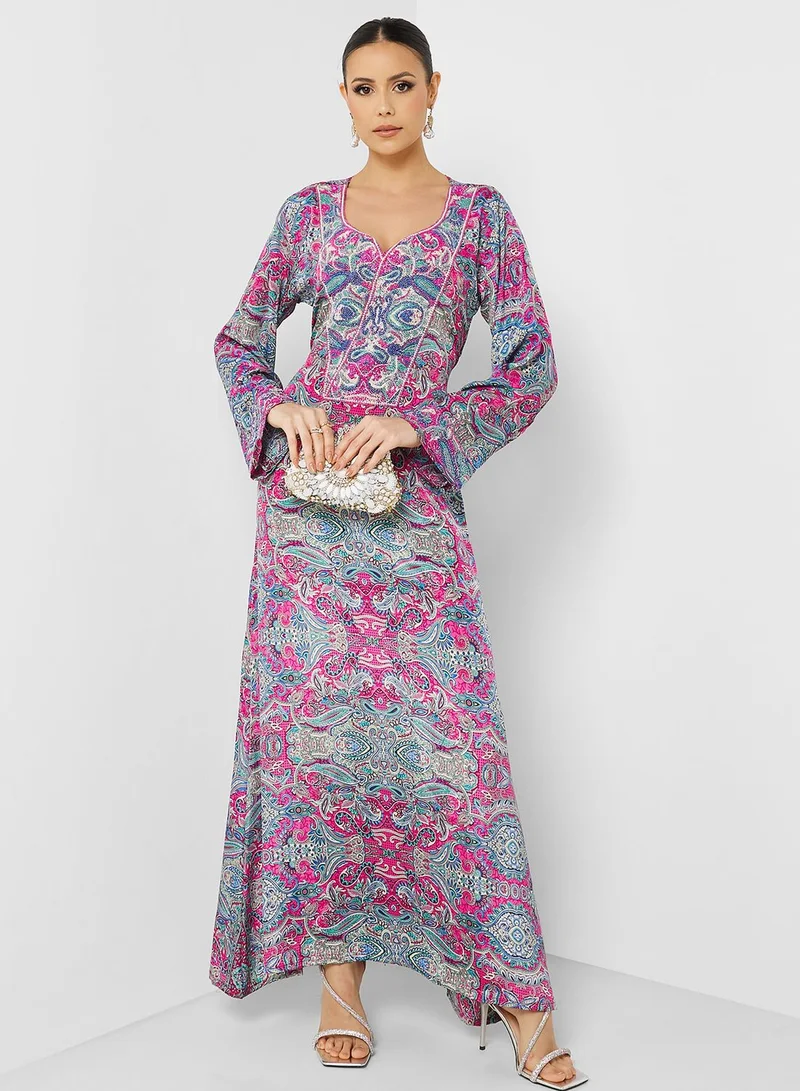 ARABIAN CLOSET Printed Crew Neck Jalabiya