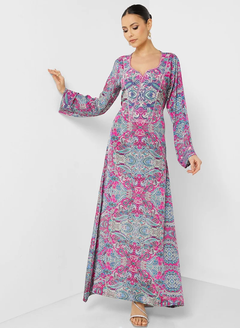 ARABIAN CLOSET Printed Crew Neck Jalabiya