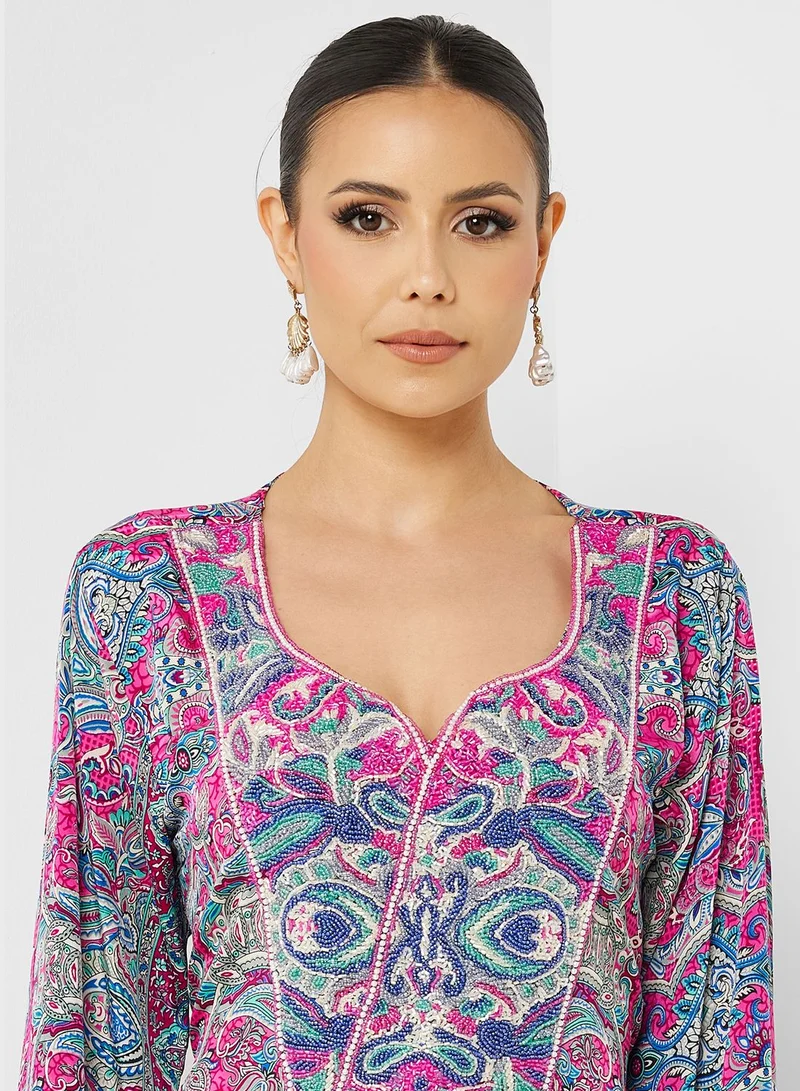 ARABIAN CLOSET Printed Crew Neck Jalabiya