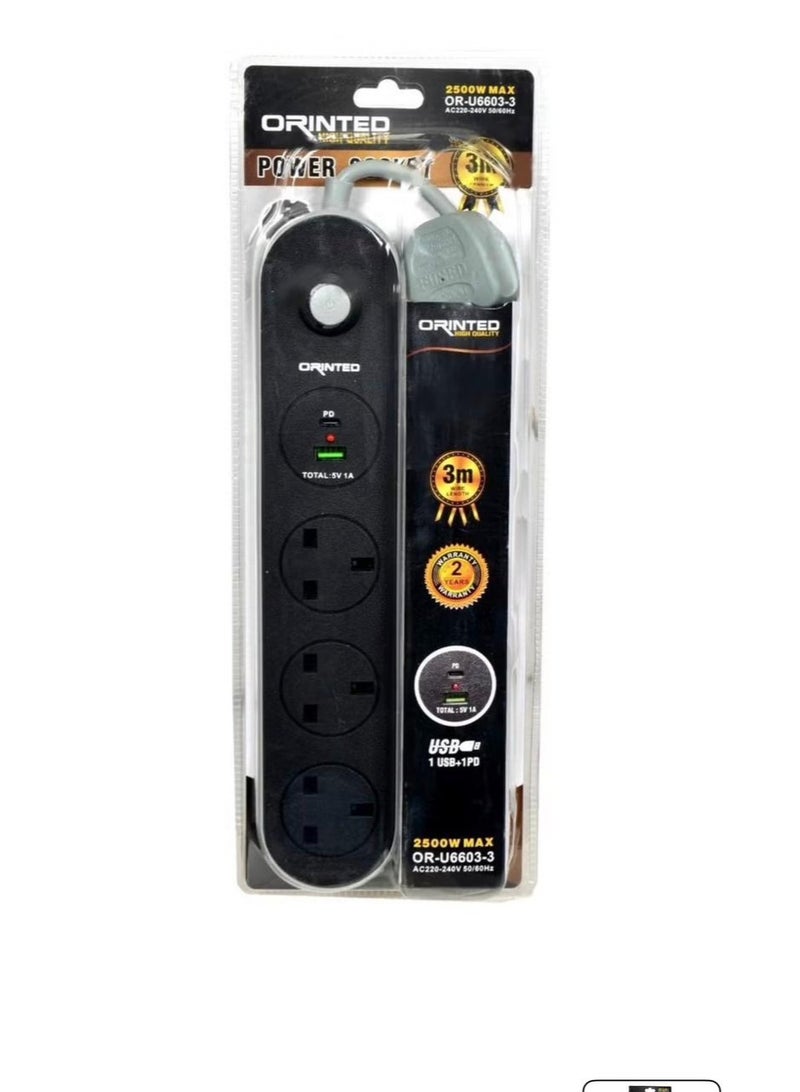 توصيلة كهربائية  بثلاثة منافذ قوية ومتينة 2500 وات  مع مدخل usb وتايب سي طول 3 متر - Image 4