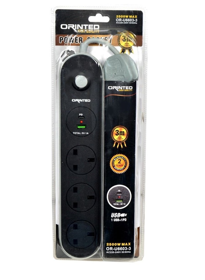 electrical connection with three strong and durable 2500 watts outlets with USB and BD input, length of 3 meters - Image 1