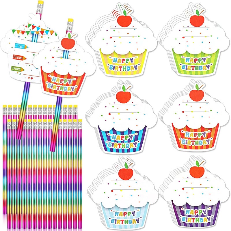 Breling 30 Pack Rainbow Pencils for Kids and Topper Erasers for Classroom Set, Rainbow Colored Pencils Hb Solid Wood Pencils with 30 Cupcakes Mini Colorful Cut Outs for School Classroom Birthday Party - Image 1