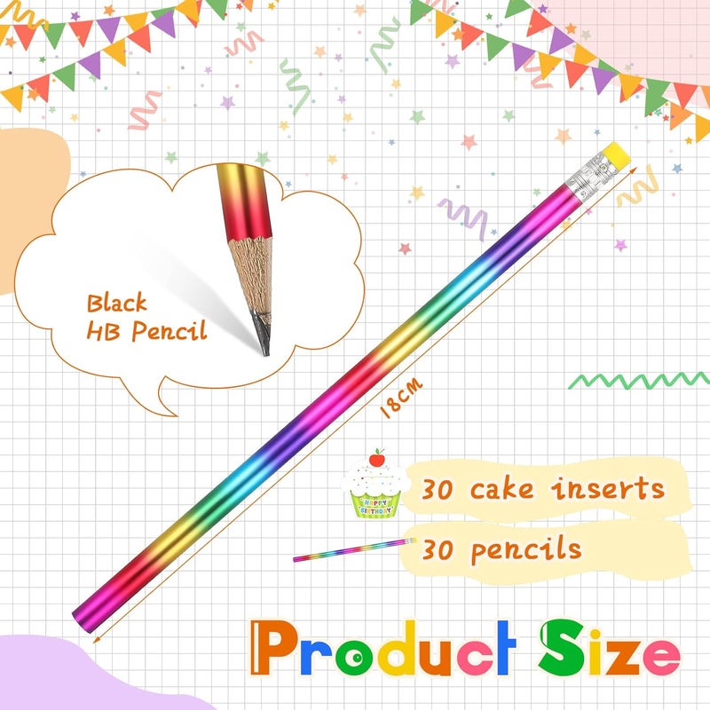 Breling 30 Pack Rainbow Pencils for Kids and Topper Erasers for Classroom Set, Rainbow Colored Pencils Hb Solid Wood Pencils with 30 Cupcakes Mini Colorful Cut Outs for School Classroom Birthday Party - Image 2