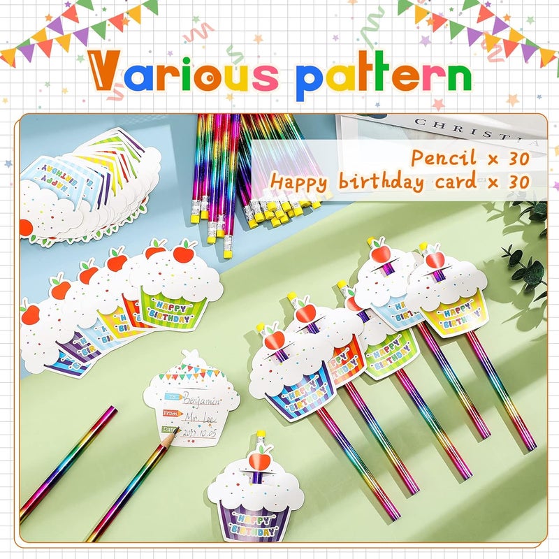 Breling 30 Pack Rainbow Pencils for Kids and Topper Erasers for Classroom Set, Rainbow Colored Pencils Hb Solid Wood Pencils with 30 Cupcakes Mini Colorful Cut Outs for School Classroom Birthday Party - Image 3