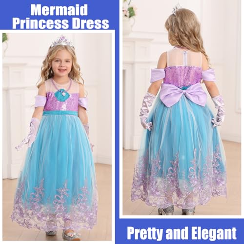 Luzlen Girls Mermaid Princess Dress Little Kids Ariel Costume Dress up with Accessories Halloween Cosplay Outfit, Purple, 3-4 Years(Tag 110) - Image 3