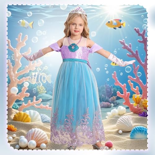 Luzlen Girls Mermaid Princess Dress Little Kids Ariel Costume Dress up with Accessories Halloween Cosplay Outfit, Purple, 3-4 Years(Tag 110) - Image 2