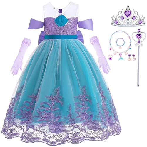 Luzlen Girls Mermaid Princess Dress Little Kids Ariel Costume Dress up with Accessories Halloween Cosplay Outfit, Purple, 3-4 Years(Tag 110) - Image 1