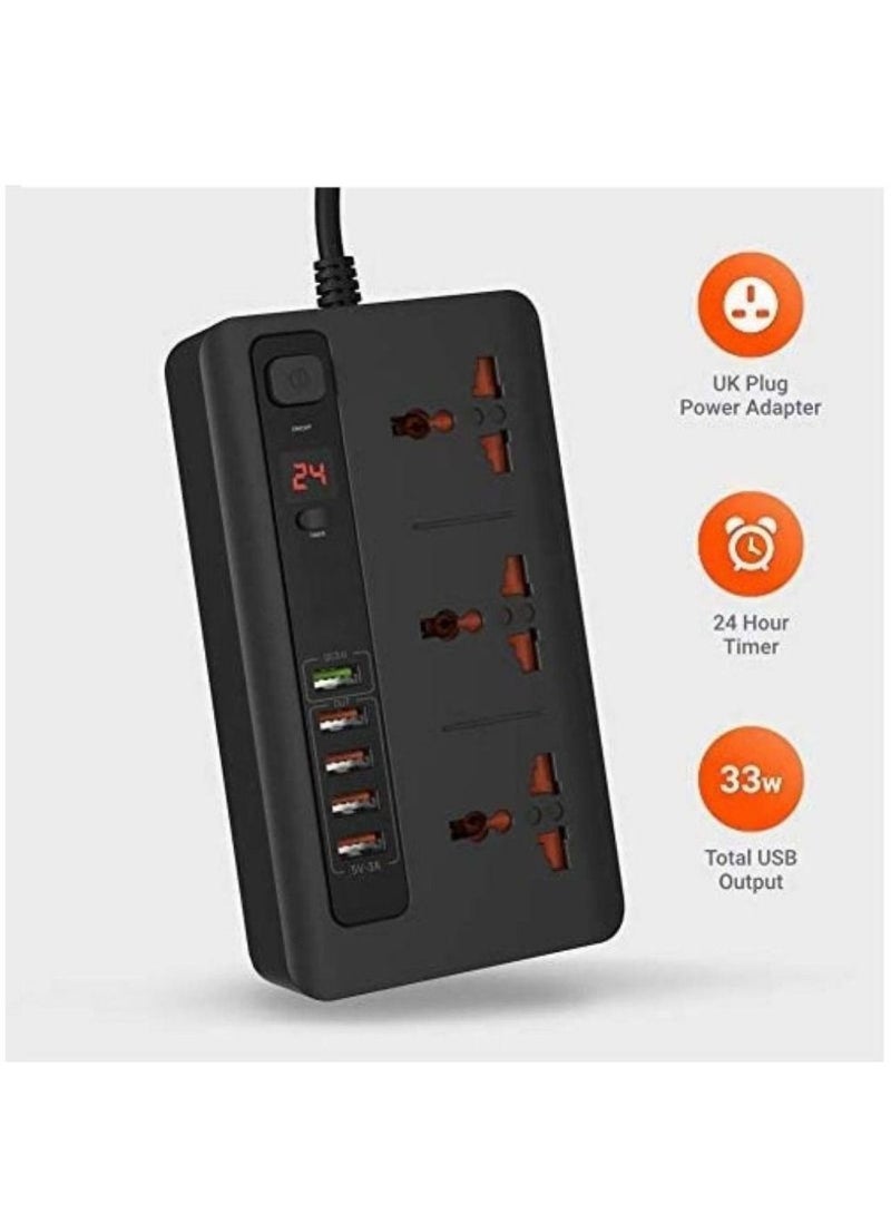 GENNEXT Power Socket Strip 4 USB Port 3.4A + 1 Quick Charge 3.0 with 3 Universal Power Sockets 10A Independent Power Switch with Timer, Sockets USB HUBS, Charging Station, Over Heat Protection (Black) - Image 2