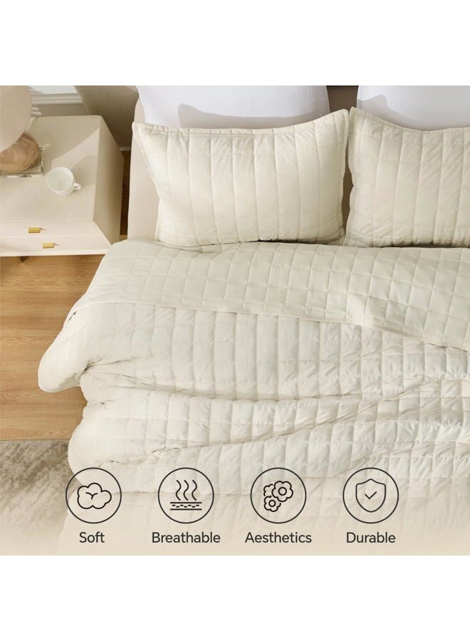 BEDELITE Velvet Quilt Set Queen Size - Luxury Velvet Comforter Bedding Set 3 Pieces, Soft Cozy Cream White Oversized Bedspread Coverlet for All Seasons with 2 Pillow Shams - Image 4