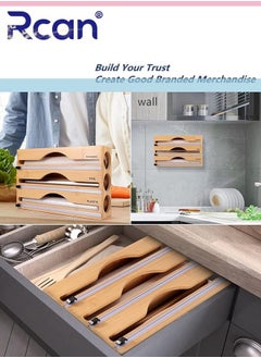 Rcan 3 in 1 Wrap Organizer with Cutter & Labels, Plastic Wrap Aluminum Foil & Wax Bamboo Dispenser for 12” Roll, Kitchen Storage Organization Holder  - Image 4