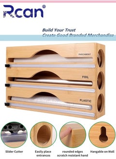 Rcan 3 in 1 Wrap Organizer with Cutter & Labels, Plastic Wrap Aluminum Foil & Wax Bamboo Dispenser for 12” Roll, Kitchen Storage Organization Holder  - Image 3