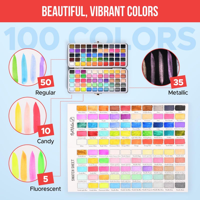 Art Vista Premium Watercolor Paint Set Bundle with 100 Bright Colors & Paper Pad for Beginners & Professional â€“ Painting Kit & Art Supplies for Adults â€“ Travel Watercolor Set with Metallic Watercolor Paints - Image 5