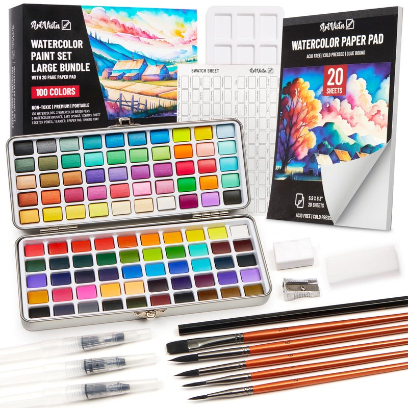 Art Vista Premium Watercolor Paint Set Bundle with 100 Bright Colors & Paper Pad for Beginners & Professional â€“ Painting Kit & Art Supplies for Adults â€“ Travel Watercolor Set with Metallic Watercolor Paints - Image 1
