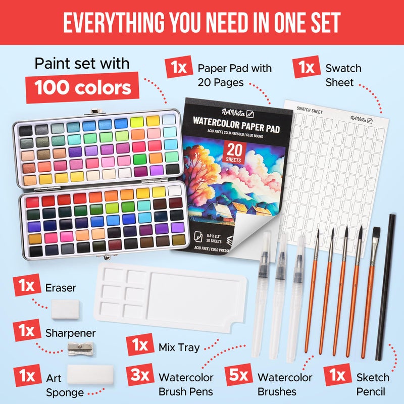 Art Vista Premium Watercolor Paint Set Bundle with 100 Bright Colors & Paper Pad for Beginners & Professional â€“ Painting Kit & Art Supplies for Adults â€“ Travel Watercolor Set with Metallic Watercolor Paints - Image 2