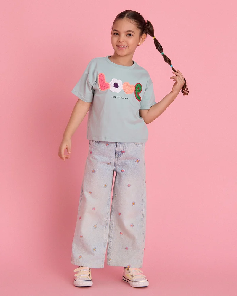 Redtag Girls Green Embellished T-Shirt