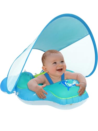 Meegoo Baby Pool Float Meegoo Baby Swim Float with Removable Canopy and UPF50 Protection Infant Inflatable Pool Float for Babies Age of 336 MonthsSwimming Trainer Small - Image 1