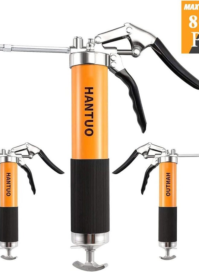 HANTUO Grease Gun with Quick Release Coupler, 8000 PSI Heavy Duty Pistol Grip Grease Gun Kit, 14 oz Load, 18 Inch Spring Flex Hose, 2 Grease Couplers, 2 Extension Rigid Pipes and 1 Sharp Easy Operation - Image 2