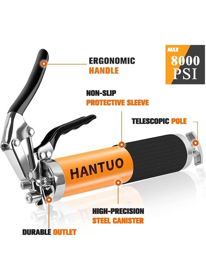 HANTUO Grease Gun with Quick Release Coupler, 8000 PSI Heavy Duty Pistol Grip Grease Gun Kit, 14 oz Load, 18 Inch Spring Flex Hose, 2 Grease Couplers, 2 Extension Rigid Pipes and 1 Sharp Easy Operation - Image 3