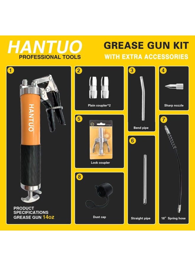 HANTUO Grease Gun with Quick Release Coupler, 8000 PSI Heavy Duty Pistol Grip Grease Gun Kit, 14 oz Load, 18 Inch Spring Flex Hose, 2 Grease Couplers, 2 Extension Rigid Pipes and 1 Sharp Easy Operation - Image 4
