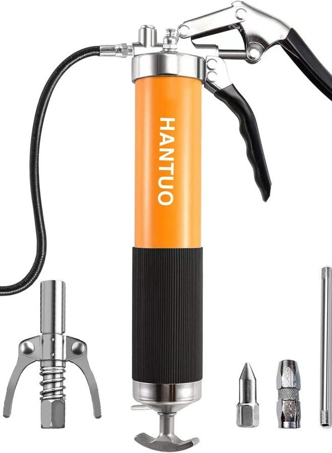 HANTUO Grease Gun with Quick Release Coupler, 8000 PSI Heavy Duty Pistol Grip Grease Gun Kit, 14 oz Load, 18 Inch Spring Flex Hose, 2 Grease Couplers, 2 Extension Rigid Pipes and 1 Sharp Easy Operation - Image 1