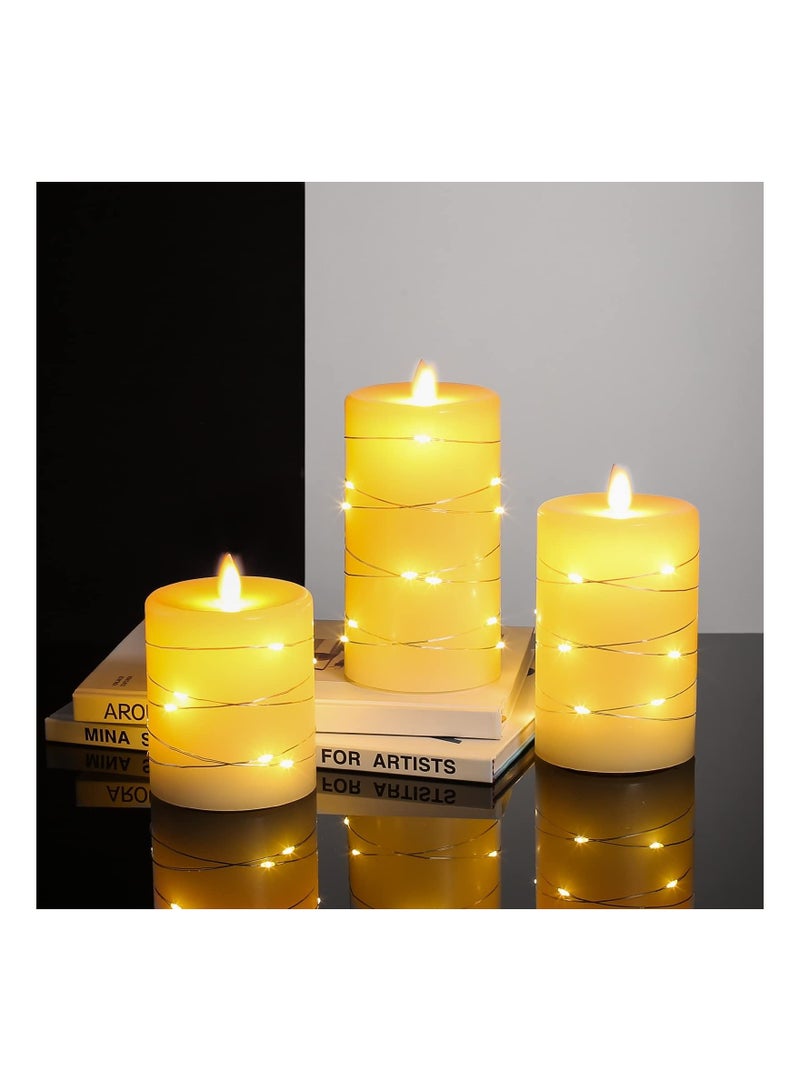 KASTWAVE KASTWAVE 3 Pcs Flameless Battery Operated Flickering Candle, with Embedded String Lights LED Electric Candle with 10-Key Remote Control, Dancing Flame, Real Wax(Batteries not Included) - Image 4