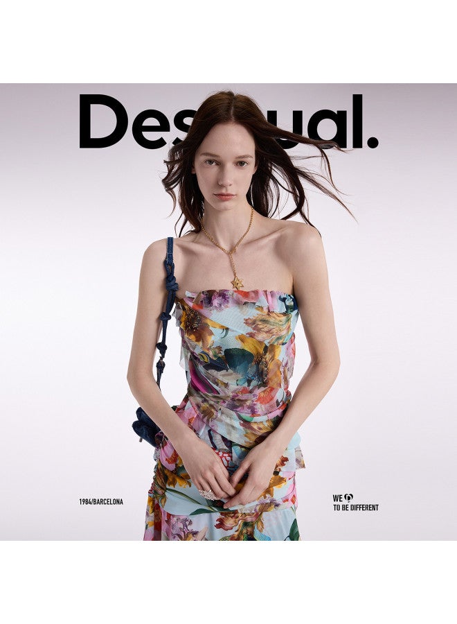 DESIGUAL ss25 Butterfly Print Detachable Strap Bustier With Ruffles - Image 5