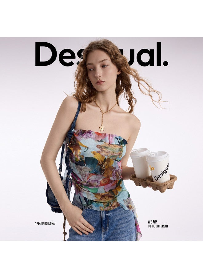 DESIGUAL ss25 Butterfly Print Detachable Strap Bustier With Ruffles - Image 3