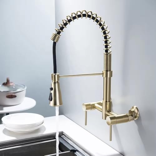 B Backline Brass Wall-Mounted Kitchen Sink Mixer Tap 360° Swivel Pull-Out Sprayer Kitchen Faucet with 3 Flow Spray Head | Kitchen Sink Hot & Cold Mixer Faucet | 5 Years Warrenty (Brushed Gold) - Image 1