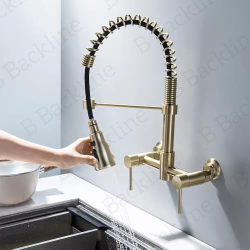 B Backline Brass Wall-Mounted Kitchen Sink Mixer Tap 360° Swivel Pull-Out Sprayer Kitchen Faucet with 3 Flow Spray Head | Kitchen Sink Hot & Cold Mixer Faucet | 5 Years Warrenty (Brushed Gold) - Image 2