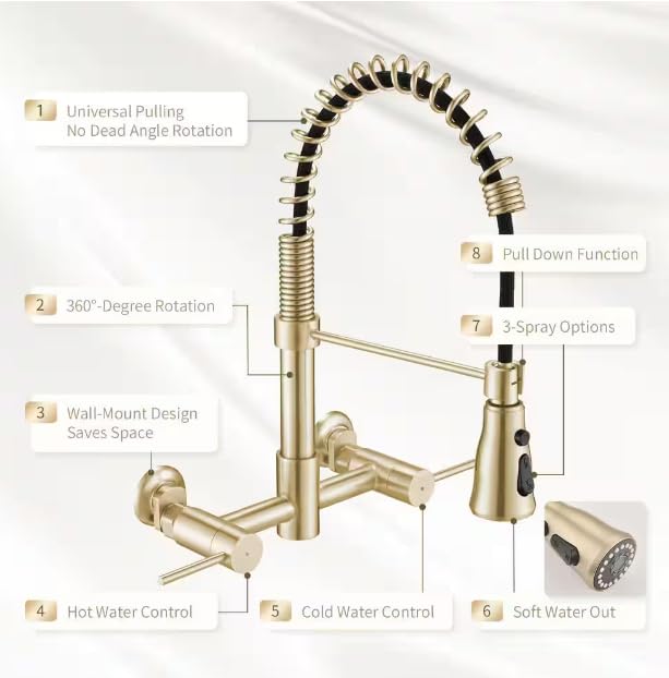 B Backline Brass Wall-Mounted Kitchen Sink Mixer Tap 360° Swivel Pull-Out Sprayer Kitchen Faucet with 3 Flow Spray Head | Kitchen Sink Hot & Cold Mixer Faucet | 5 Years Warrenty (Brushed Gold) - Image 5