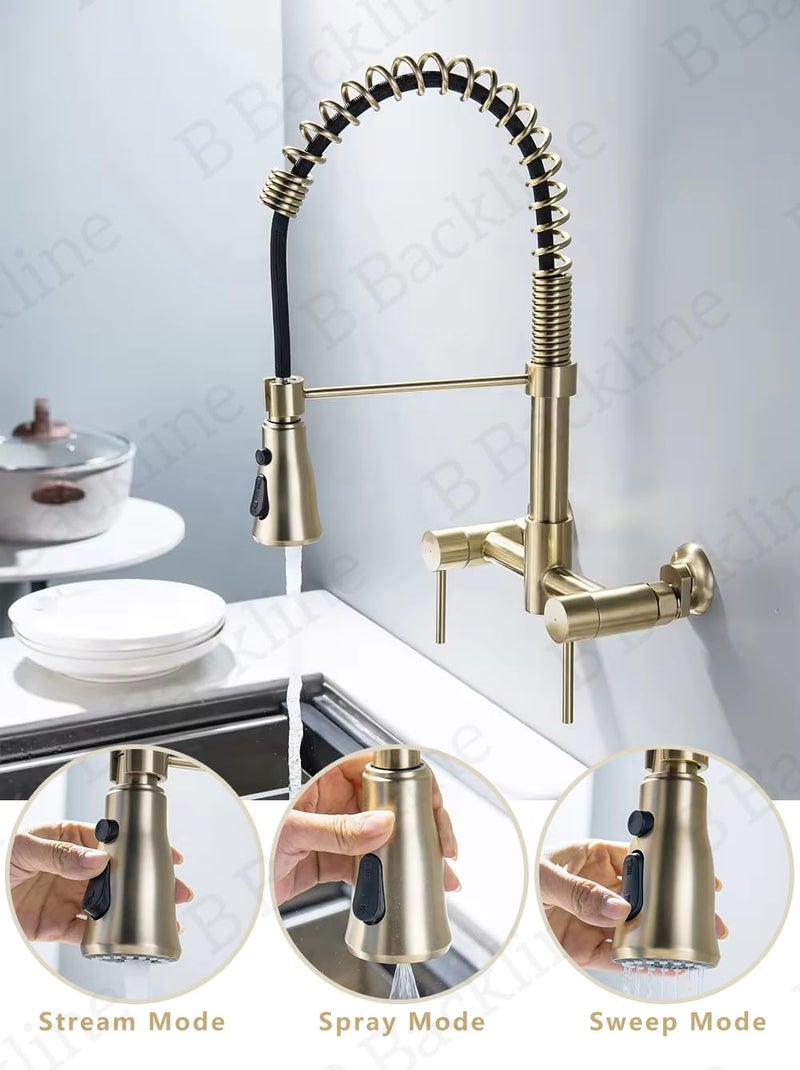 B Backline Brass Wall-Mounted Kitchen Sink Mixer Tap 360° Swivel Pull-Out Sprayer Kitchen Faucet with 3 Flow Spray Head | Kitchen Sink Hot & Cold Mixer Faucet | 5 Years Warrenty (Brushed Gold) - Image 3